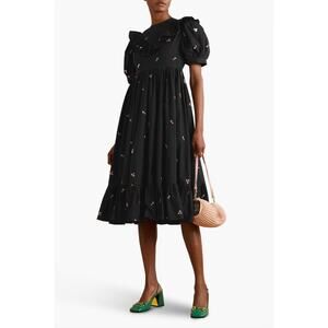 Batsheva May Ruffled Embroidered Cotton-Poplin Midi Dress Size 4